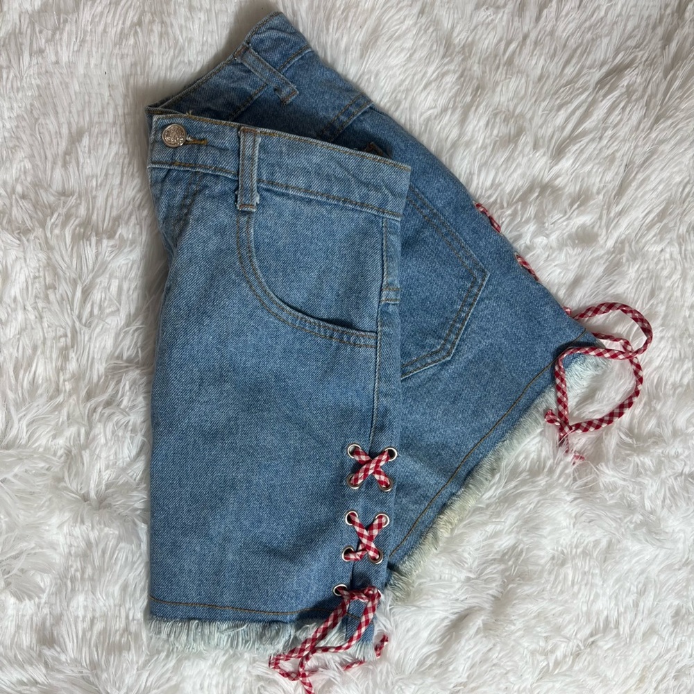 Vintage Boardwalk Denim Cutoff Shorts Gingham Lace-Up